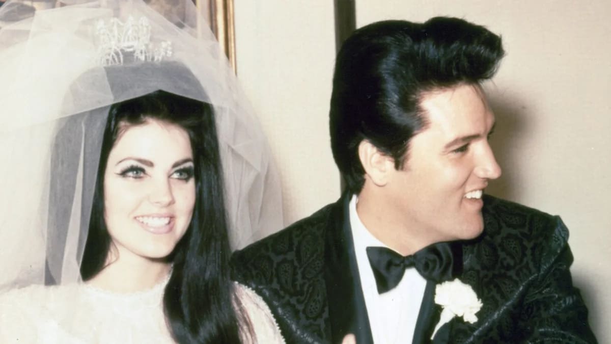 Priscilla and Elvis Presley on their wedding day