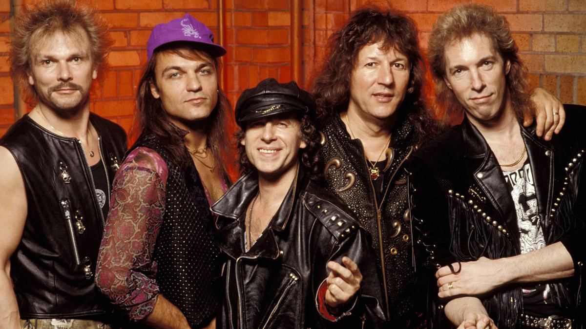 Left to right: Rudolf Schenker, Matthias Jabs, Klaus Meine, Herman Rarebell, Francis Buchholz of The Scopions pose for a group photo in New York City in 1991. Photo: Krasner