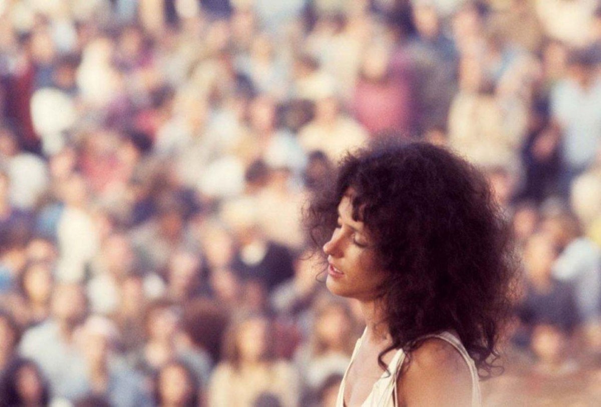 Grace Slick - lead singer of Jefferson Airplane, on stage at the Woodstock festival.