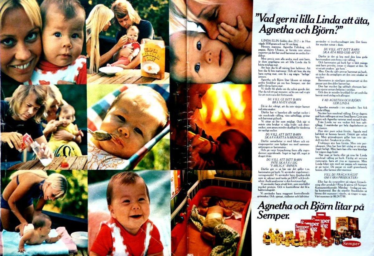 Agneta, Bjorn e Linda participaram de um comercial para a marca sueca Semper de alimentos para bebês!