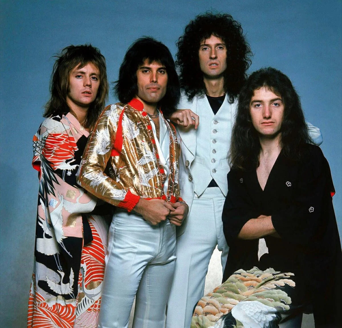 Freddie Mercury, Brian May, Roger Taylor, John Deacon, Queen, 1975.