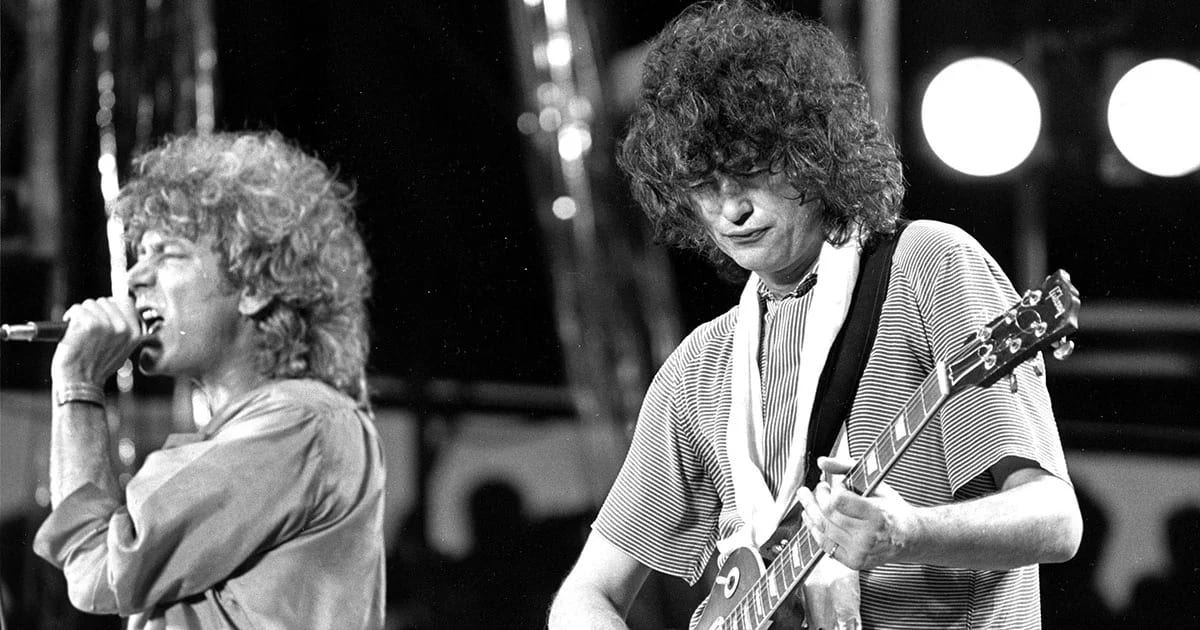 Robert Plant e Jimmy Page atuando na Filadélfia, 1985