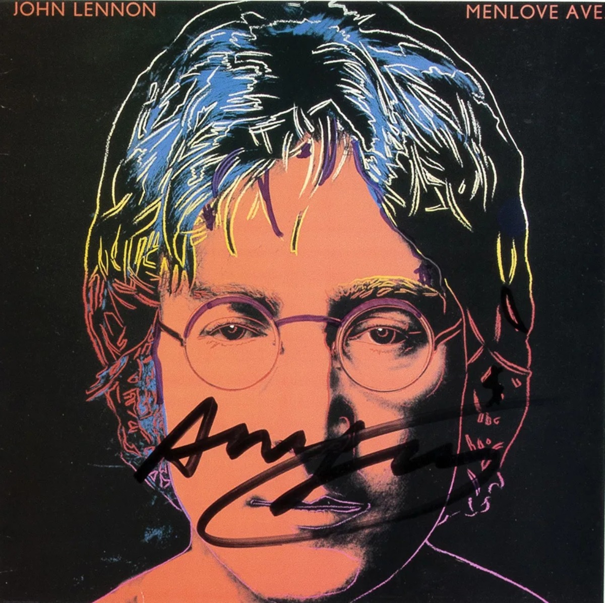 The cover of John Lennon's posthumous album Menlove Ave. signed by Warhol