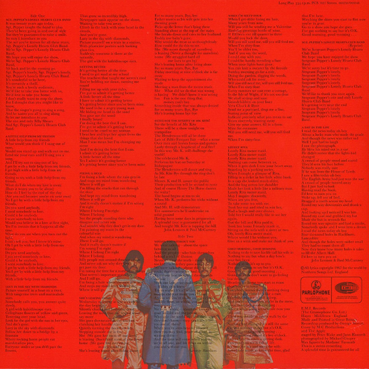 Couverture de "Sgt. Pepper's Lonely Hearts Club Band" des Beatles, dos de la pochette.