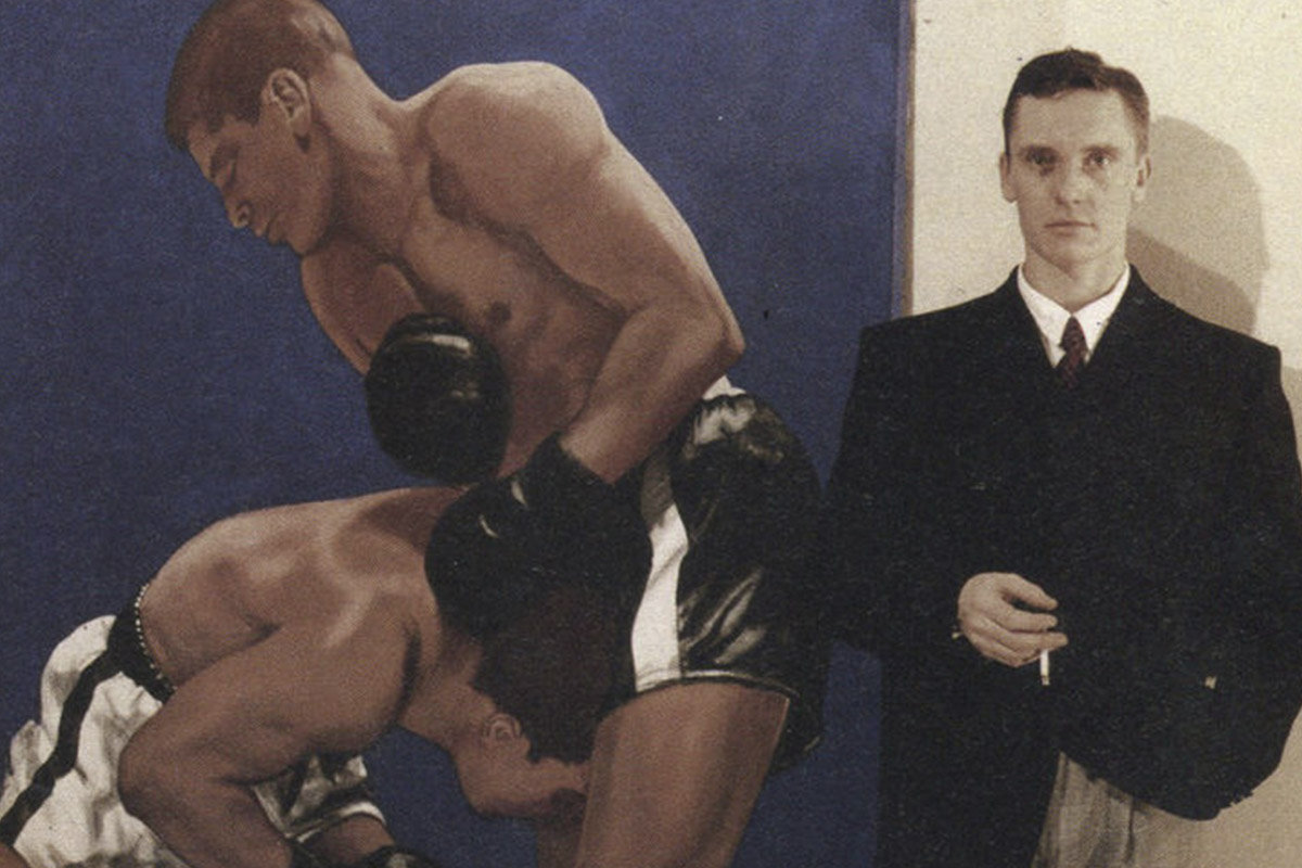 Георгий Гурьянов на фоне картины «Боксеры», 1991 год