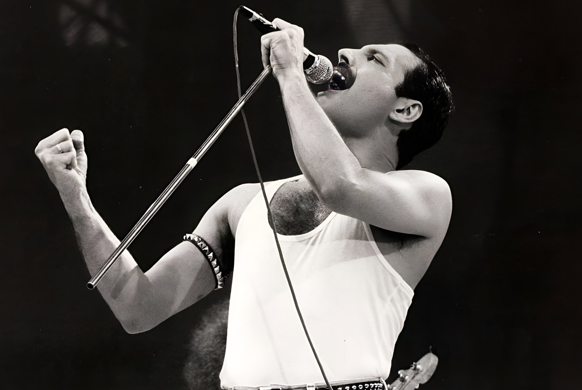Freddie at the Live Aid festival. 1985