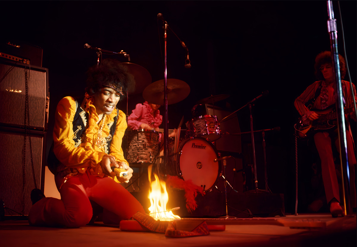 Jimi Hendrix burns his guitar on stage at Monterey Festival